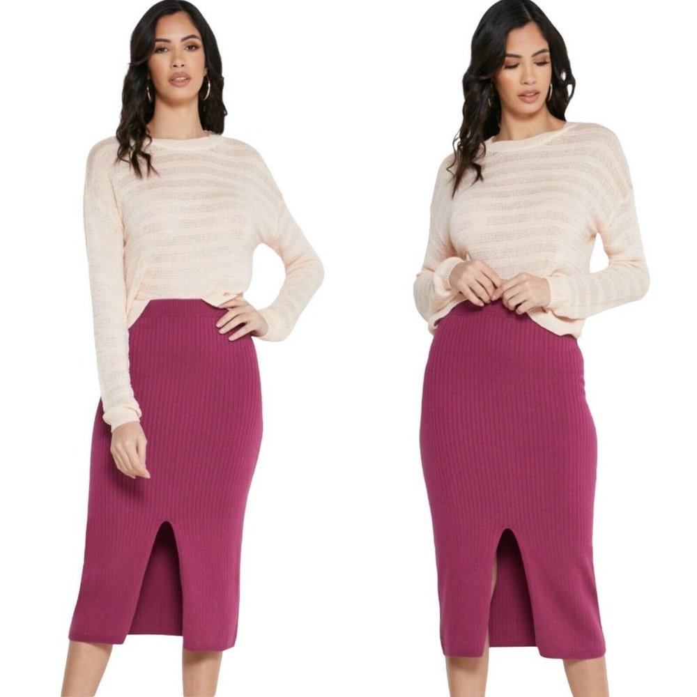 Free People Ribbed Magenta Skyline Rib Midi Skirt Front Slit Pink